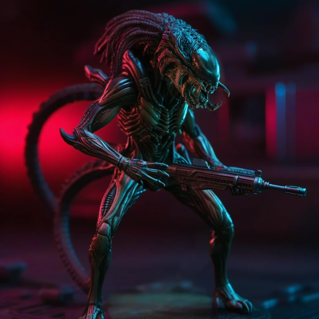 an alien, full body, holds a machinegun in a spaceship <lora:Predalien1024:0.8>