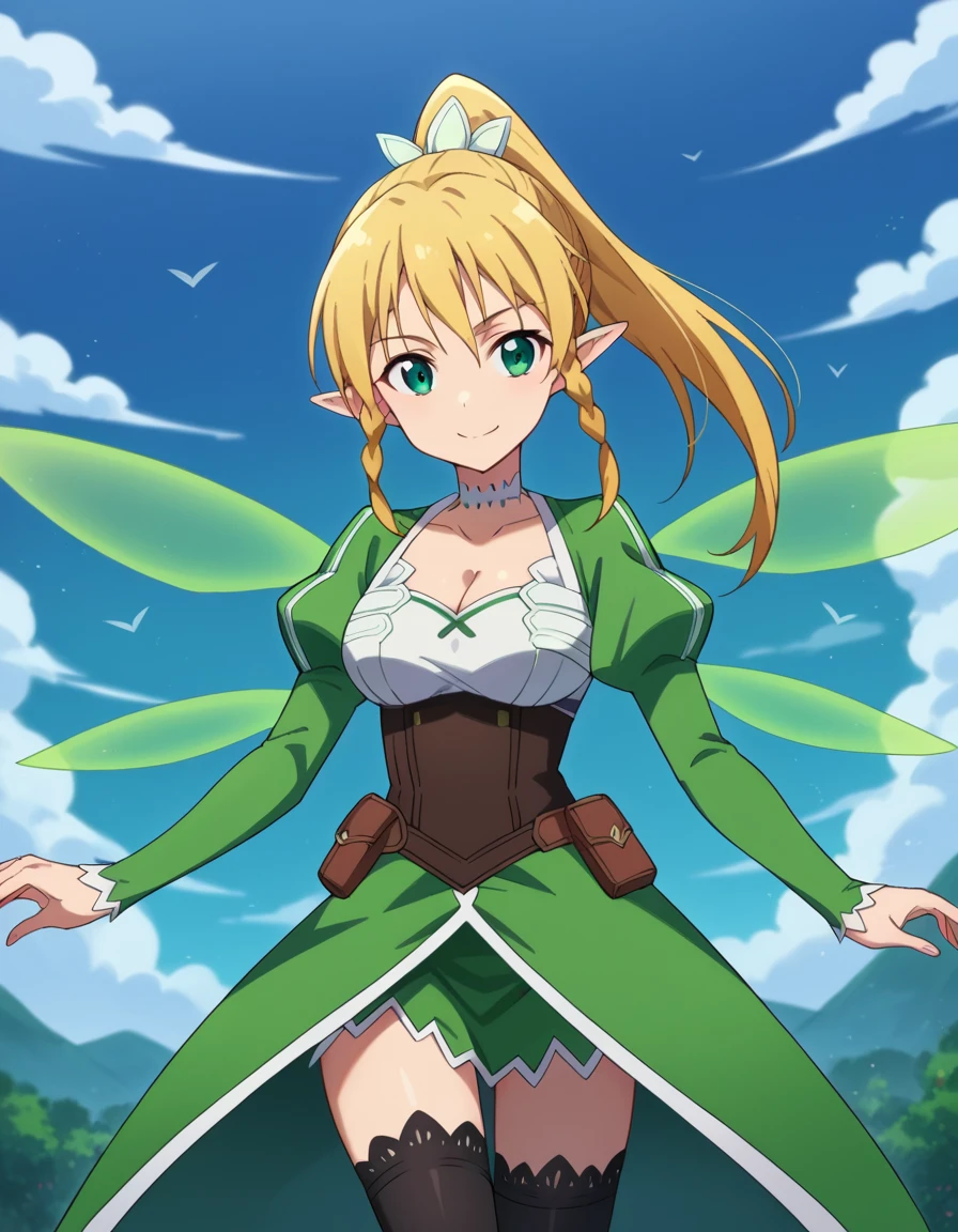 score_9, score_8_up, score_7_up, source_anime,
suguhakirigaya, <lora:suguha-kirigaya-ponyxl-lora-nochekaiser:1>,
suguha kirigaya, long hair, blonde hair, hair between eyes, green eyes, ponytail, braid, pointy ears, twin braids, smile,
thighhighs, cleavage, wings, green dress, fairy wings, fairy, multiple wings, spread wings, energy wings, glowing wings, green wings,
outdoors, blue sky, clouds, flying,
looking at viewer, cowboy shot, dutch angle, dynamic pose,