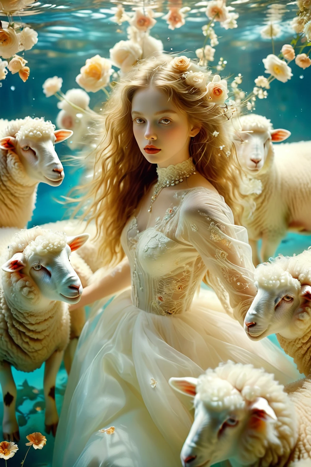 Surrealist art <lora:girl and sheep_XL.1:0.8>girl and sheep, 1girl, candle, solo, long hair, wedding dress, lying, <lora:flower dance:1>a girl floating in underwater with flowers floating around, David LaChapelle, highly detailed digital painting, a photorealistic painting, photorealism,flower dance,floating hair,reflection,reflective water,sunlight,wedding dresses,swimming,jewelry,see-through,upper body, . Dreamlike, mysterious, provocative, symbolic, intricate, detailed