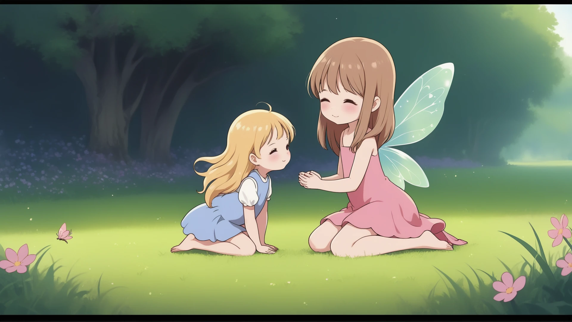 score_9, score_8_up, score_7_up, tiny fairy, very small girl, size difference, little girl, 1girl, cute, long hair, adult, kneeling on grass, hug,