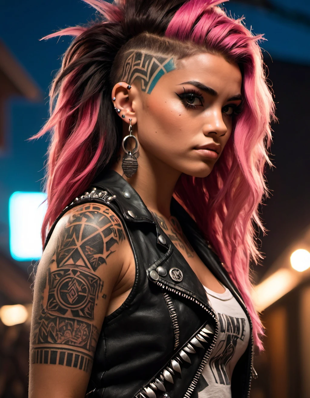 (close up), (semi-realistic cinematic photo, cinematic lighting at night), side view, (the rule of thirds), masterpiece, 1girl, blush, solo, (Moana from disney as a punk), fit, wearing a punk outfit, tattoos, piercings, outstanding body, outstanding breasts, goth makeup, eyelashes, heavy eyeshadow, heavy eyeliner, lip gloss, looking at viewer, makeup, dark lips, (seductive smile, seductive expression)