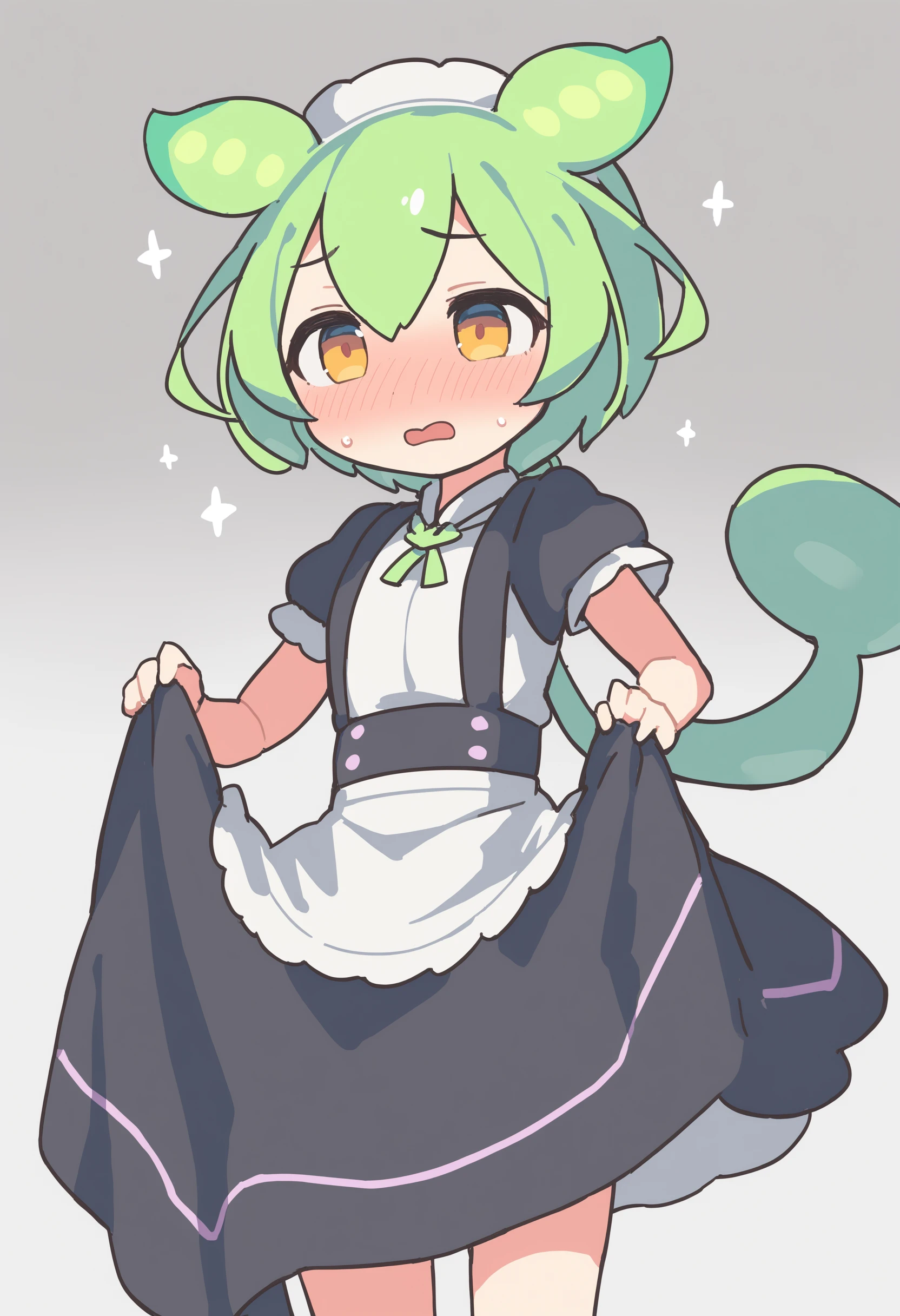1girl,zundamon,voicevox ,<lora:zundamonXLv1:0.7>,green hair, blush stickers, animal ears,long hair, low ponytail, hair ears,
maid,maid headdress, maid apron, miniskirt, skirt lift, embarrassed, blush, nose blush,
masterpiece, best quality,