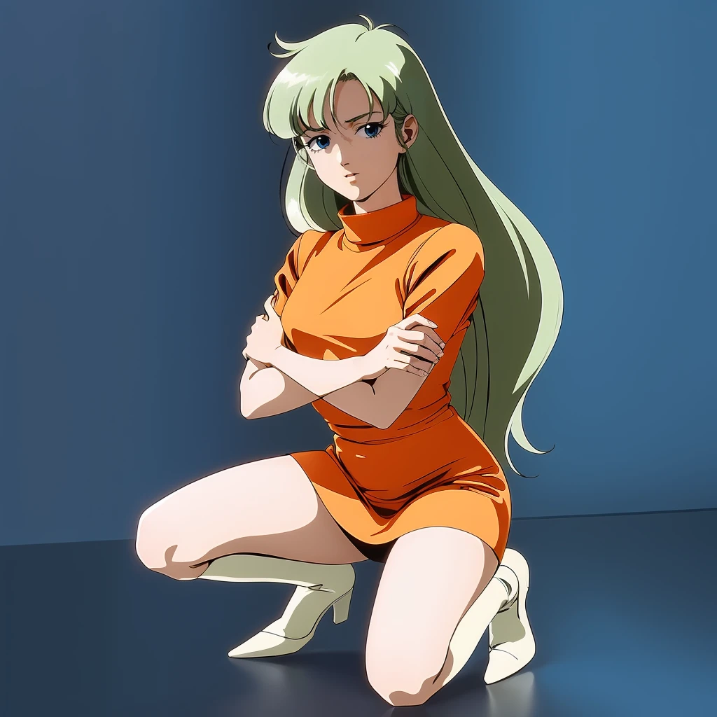 <lora:MiyukiAiba001:0.7>,
retro artstyle,1980s (style),
MiyukiAiba,1gilr,green hair,long hair,blue eyes,
orange dress,
full body,squatting,