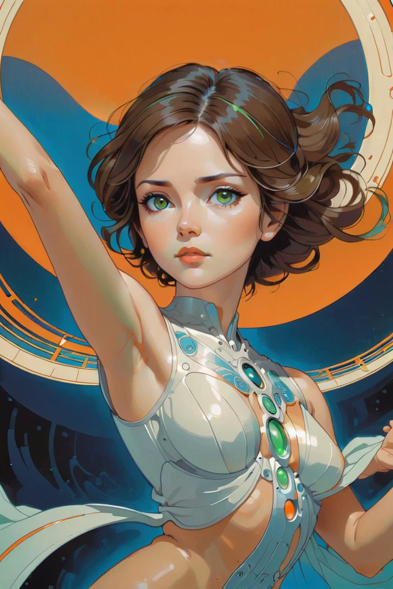 Minimalist illustration, a beautiful woman, gorgeous hazel eyes with a hint of green staring at the viewer, muse of the arts, dancing linework, resonating with a secret tune, orange blue gradient background, highly detailed, deep darks, high contrast, masterpiece, 8k, French vibe, art by Hayao Miyazaki AND Phil Noto