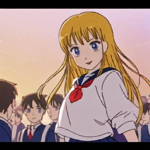 masterpiece, best quality, (anime screencap:1.2), <lora:Hibari:1> Hibari, on-model, 1boy, blue eyes, slender, smile, long hair, blonde hair, shirt, serafuku, skirt, school uniform, smiling, cute pose
BREAK
school outdoors, courtyard, schoolyard, 8K, RAW, sharp focus, (dynamic shot), (student crowd silhouettes),
BREAK
absurdres, large_filesize, full color, anime, animated gif, mp4, video, animated, intricate,