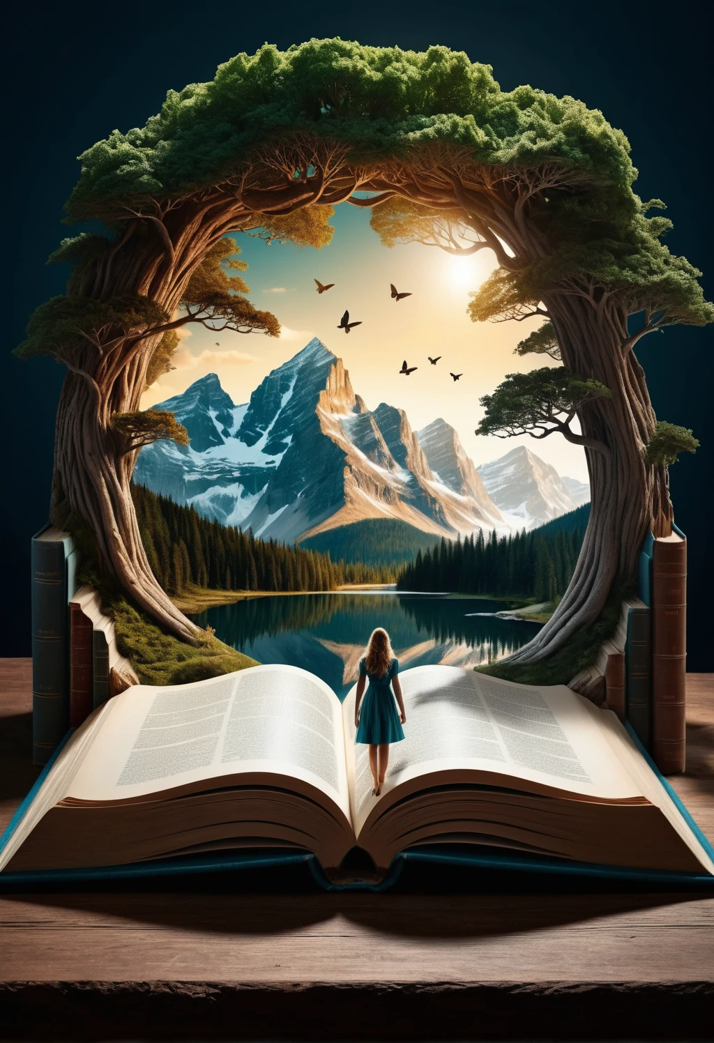 Hyperreal digital art style, "Fairytale", fantasy world coming out of centered book, open book, hyperdetailed double exposure fantasy illustration, masterpiece, cinematic, by Andreas Lie, Luke Gram, photorealism, backlit, gorgeous light