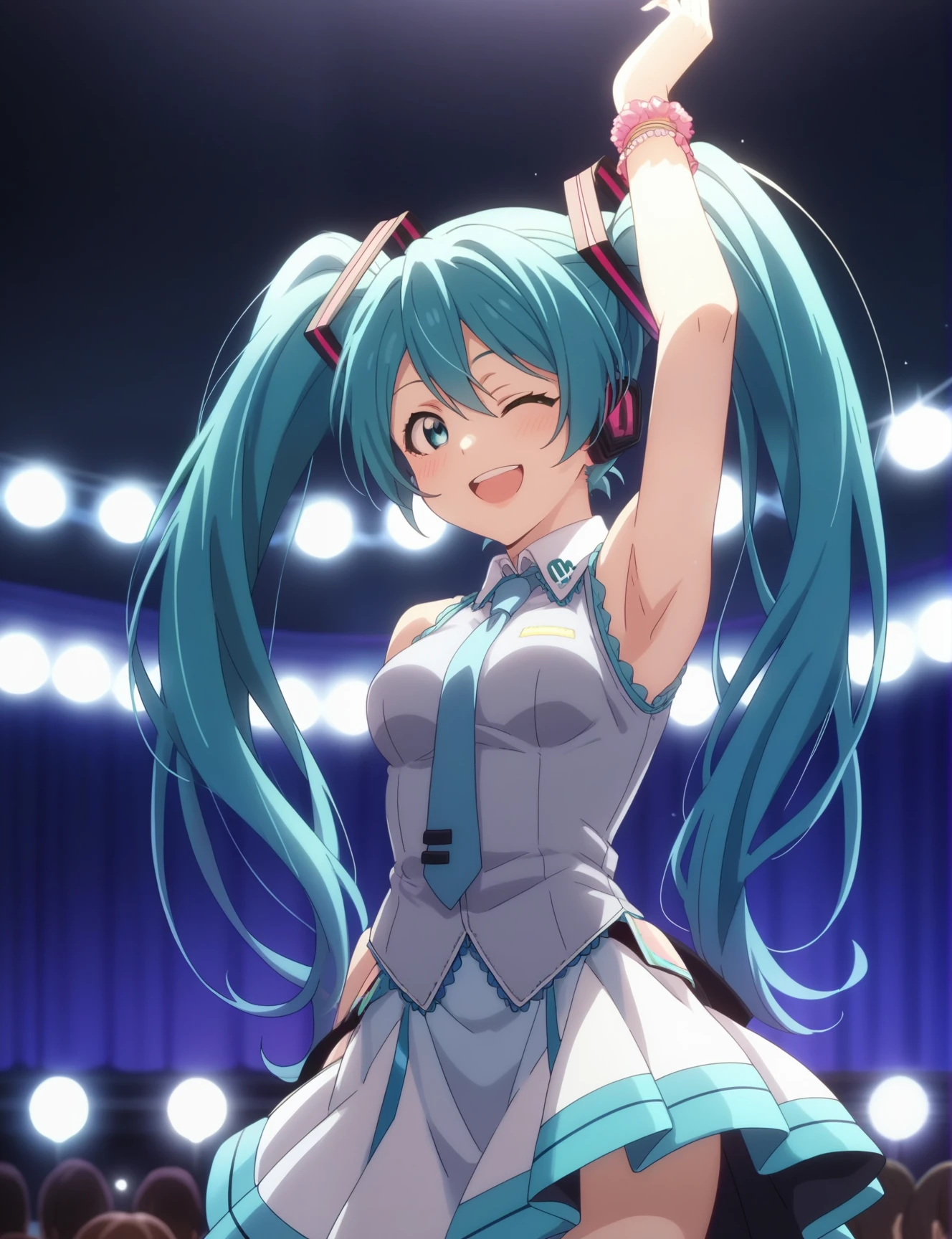 score_4, score_5, score_6, score_9, score_8_up, score_7_up, source_anime, <lora:Fine_Anime_Screencap-Pony:1.1>, fine anime screencap_xl, anime_screencap, hatsune miku, twintails, long hair, idol clothes, idol, idol, dancing, stage, smile, cowboy shot,
