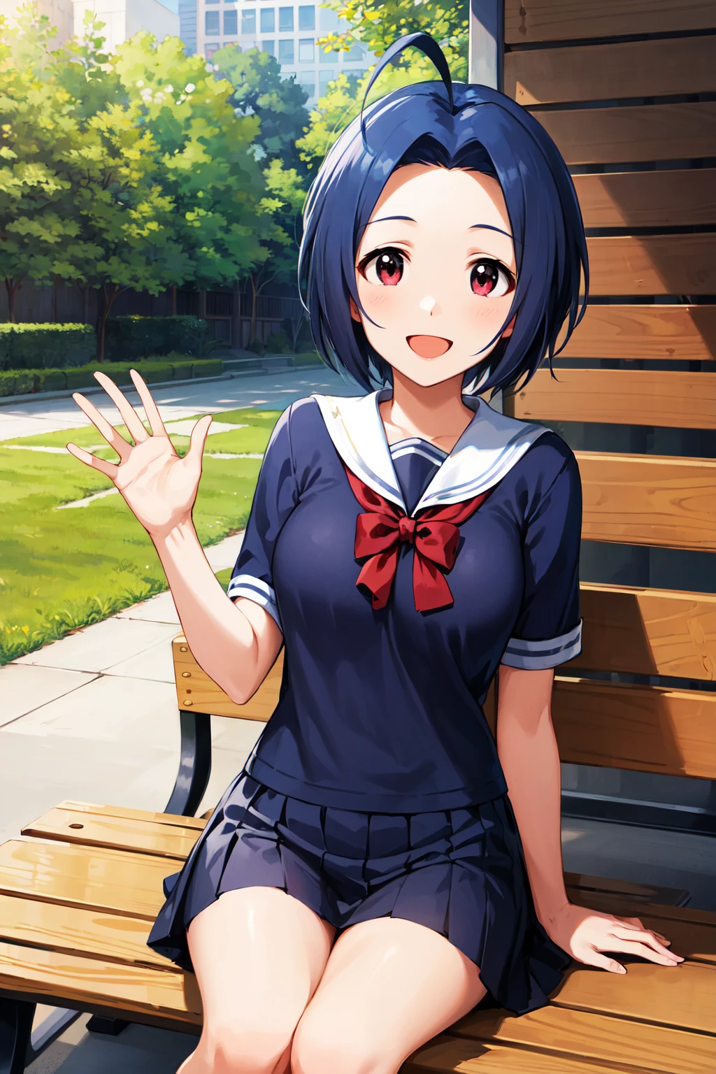 masterpiece, best quality, highres, aaazusa, short hair, ahoge, parted bangs, <lora:miura_azusa_v1:0.7>, school uniform, short sleeves, outdoors, bench, sitting, waving, smile, open mouth,