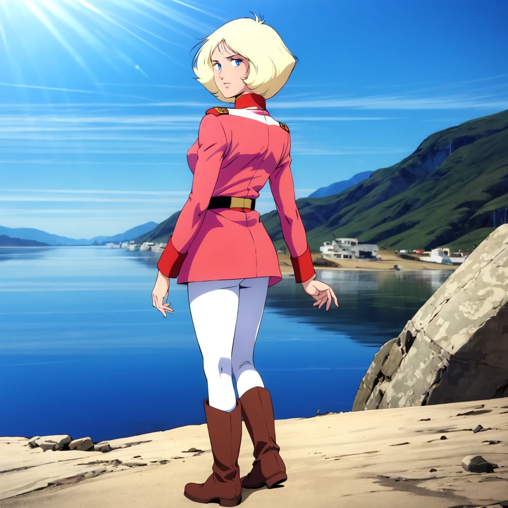 <lora:SaylaMass003:0.7>,<lora:add_detail:0.5>,<lora:noline:0.3>,<lora:boldline:-0.3>,
SaylaMass,1girl,blonde hair,short hair,blue eyes,retro artstyle,
military uniform,
white_pantyhose,
brown boots,
standing,looking back,