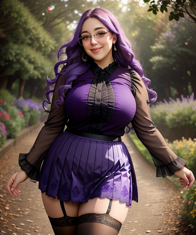 w1nt3rh0 , (((blurred nature, outdoor), close portrait photo, smile, realistic, ((Brave Elegance: Long Sleeves, and Glamour, skirt, stockings,)), chubby, Purple hair