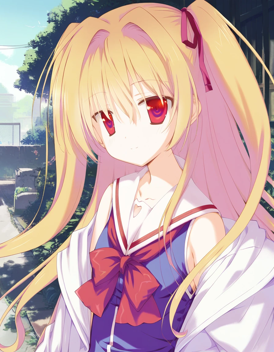 score_9,score_8_up, score_7_up,source_anime, highres, absurdres,nikaidou shinku, 1girl, <lora:nikaidou_shinkuPDXL:0.7>,red eyes, bare shoulders, school uniform, two side up, lab coat,seductive smile,portrait, outdoors, <lora:favSKPony:0.5> favSK