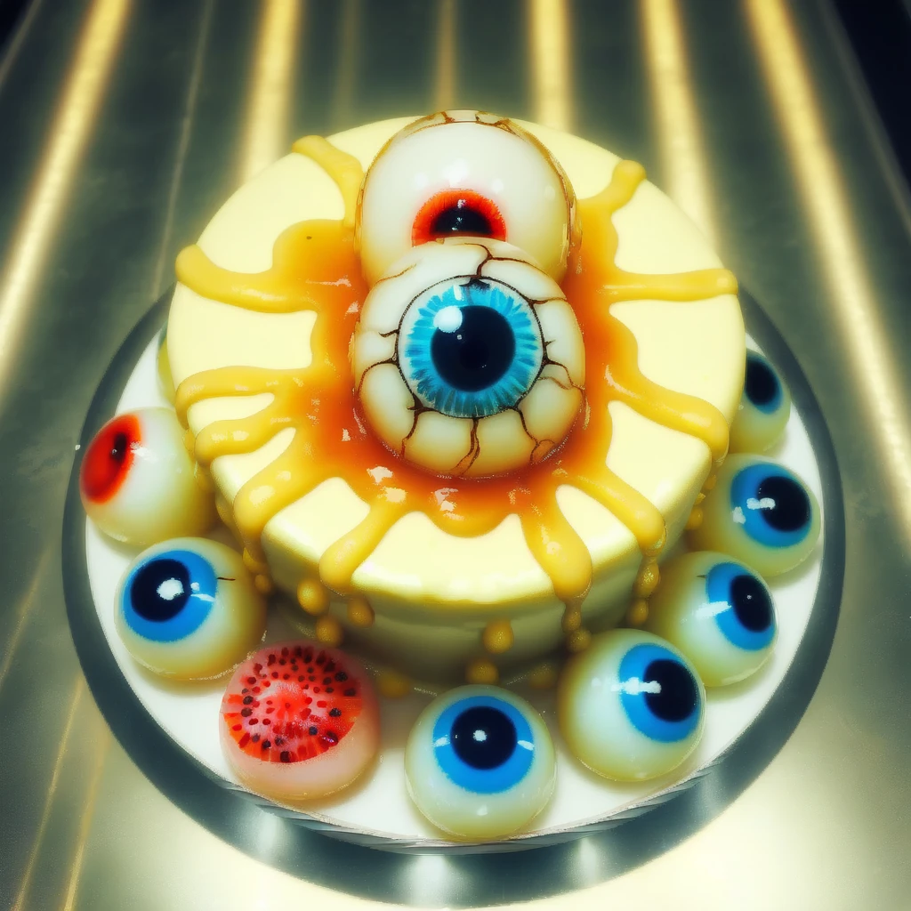 <lora:eyescream_v1:0.5>, syrup, eyeball, still life, eyes cream, ESCK, creature, fruit, orb, eye focus, reflective floor, odd one out, cake