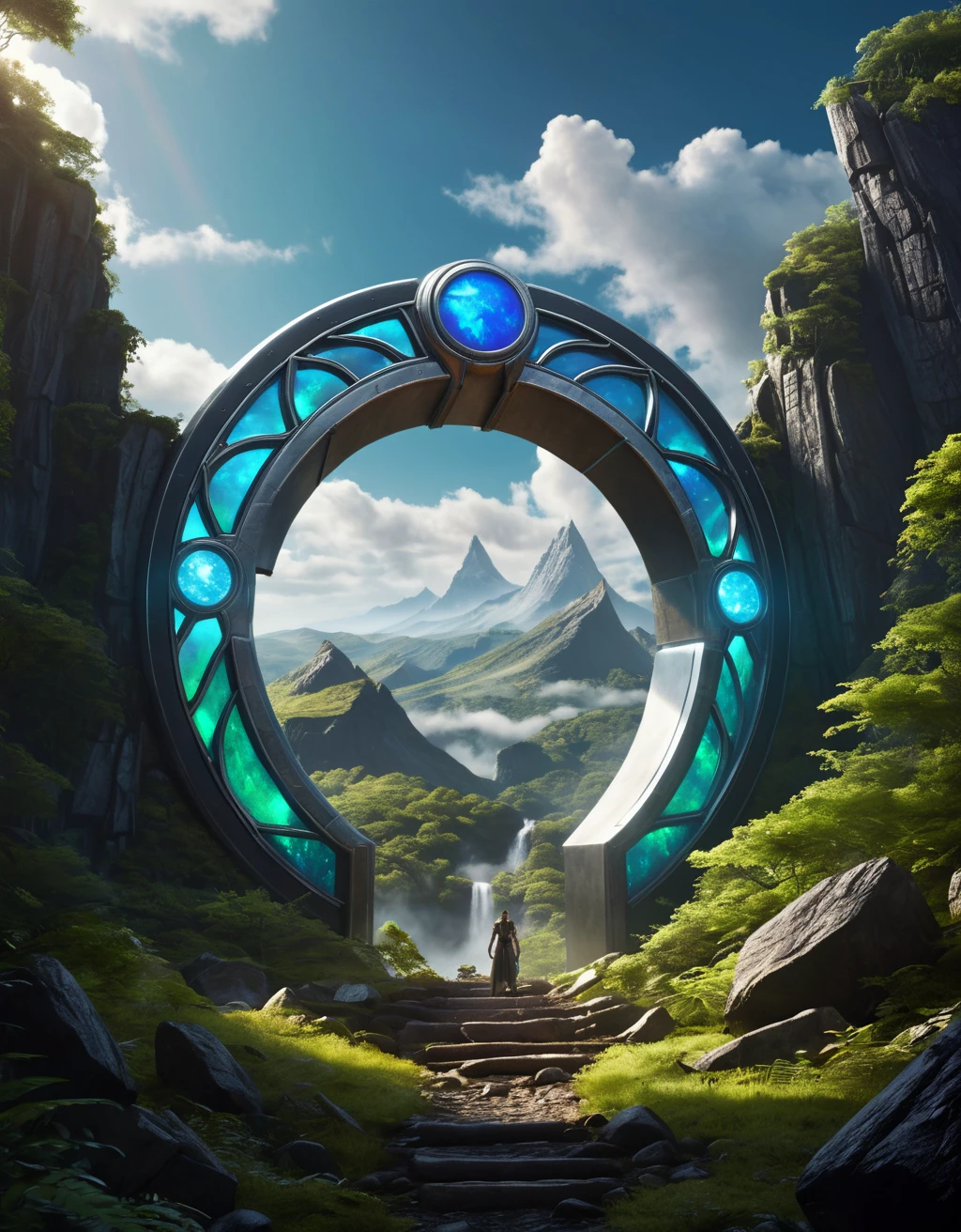 Hyperrealistic art, lush green wooded mountain pass landscape, a fantasy glowing Vivid multi-colored Runes covered ((silver)/(black ral-opal)) Circular gate (portal:1.3), a detailed matte painting by Mike Winkelmann, cgsociety, fantasy art, blue sky, Extremely high-resolution details, photographic, realism pushed to extreme, fine texture, incredibly lifelike