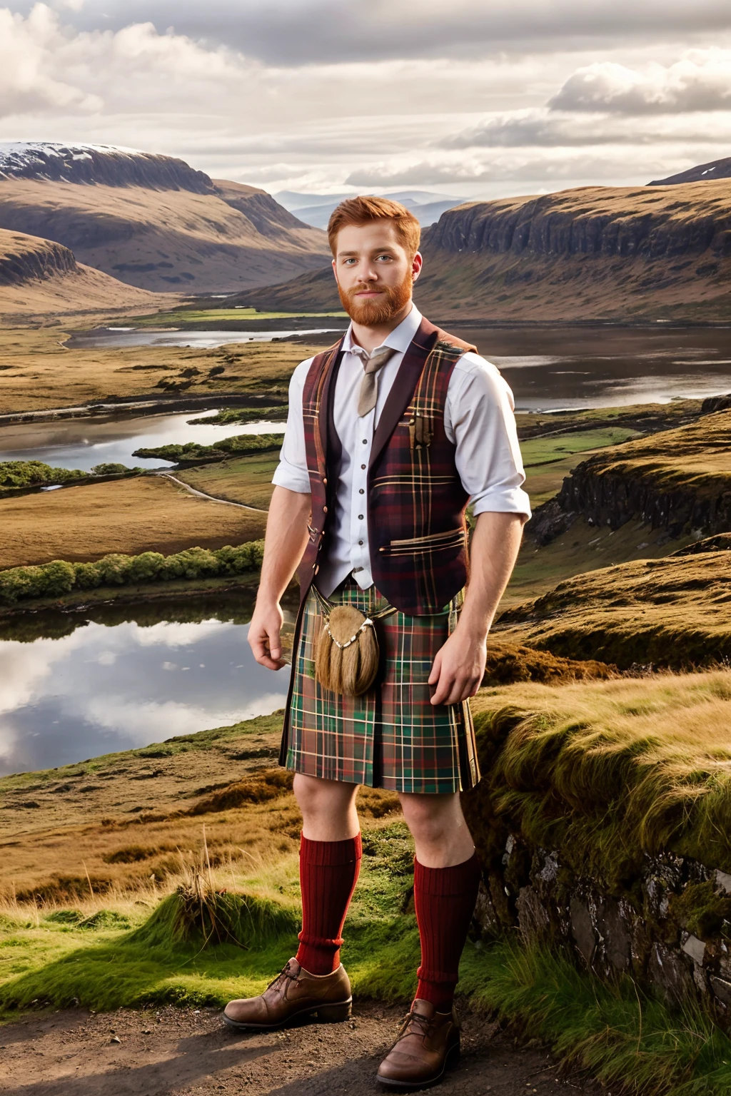 standing on a hill in the Scottish Highlands, a valley with a loch below in the background, ginger hair, ginger beard, TommyDefendi is dressed in a brown plaid kilt, sleeveless woolen vest, shirt, sporran, long highland socks, plaid socks, Ghillie shoes, masterpiece, (((full body portrait))) , wide angle  <lora:TommyDefendi:0.8>