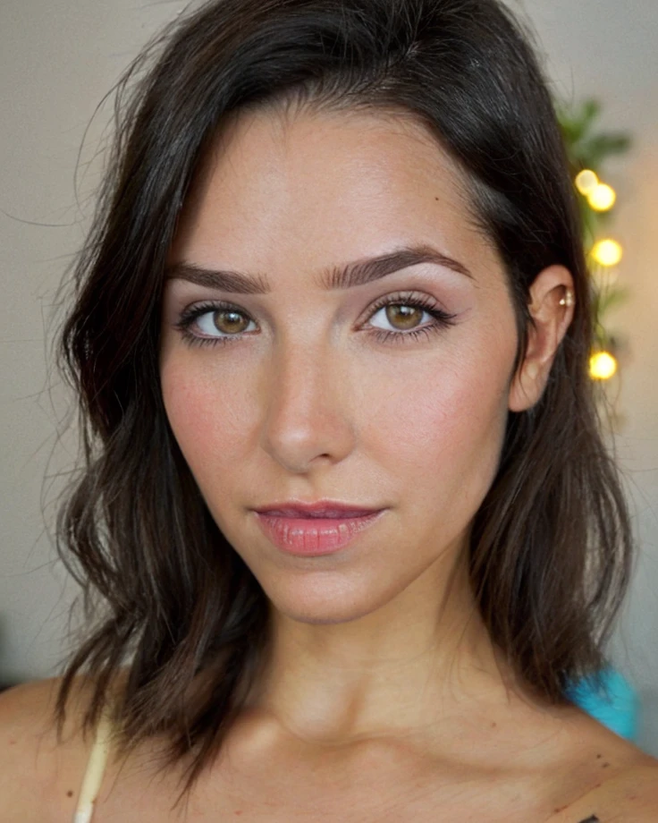 a picture of 4smrSharon,brunette, realistic, photorealistic, detailed skin, surface scattering, bokeh, skin pores,wearing a black dress,living room, <lora:4smrSharon:0.95>