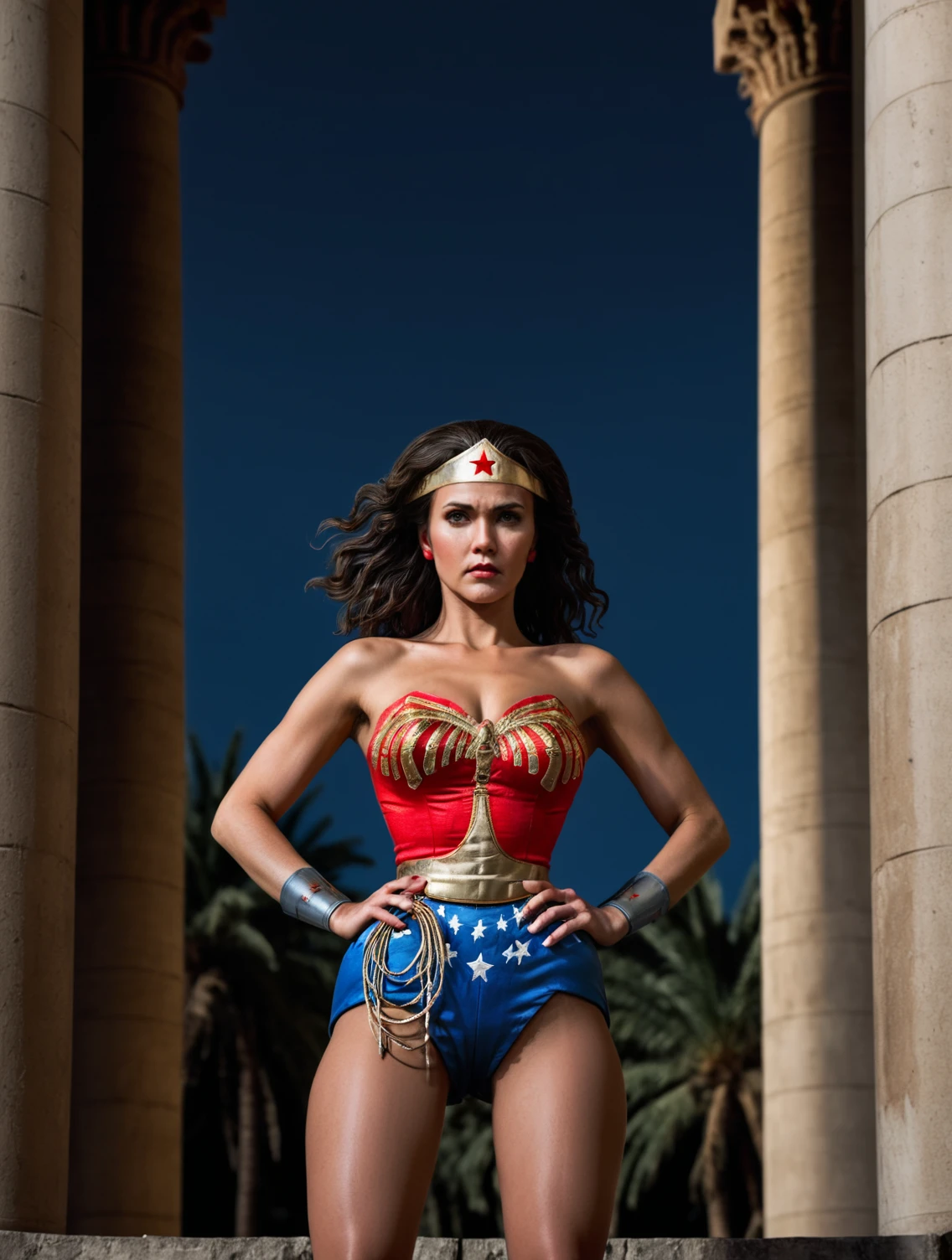 high fashion photo by Terry Richarson,
Wonder Woman,
Mid Shot Photo, dynamic pose,
in ancient temple, pillars, palm trees
<lora:add-detail-xl:1>
<lora:detailed_notrigger:0.5>
<lora:fix_hands:1>
<lora:Wonder Woman_SDXLBase:1>