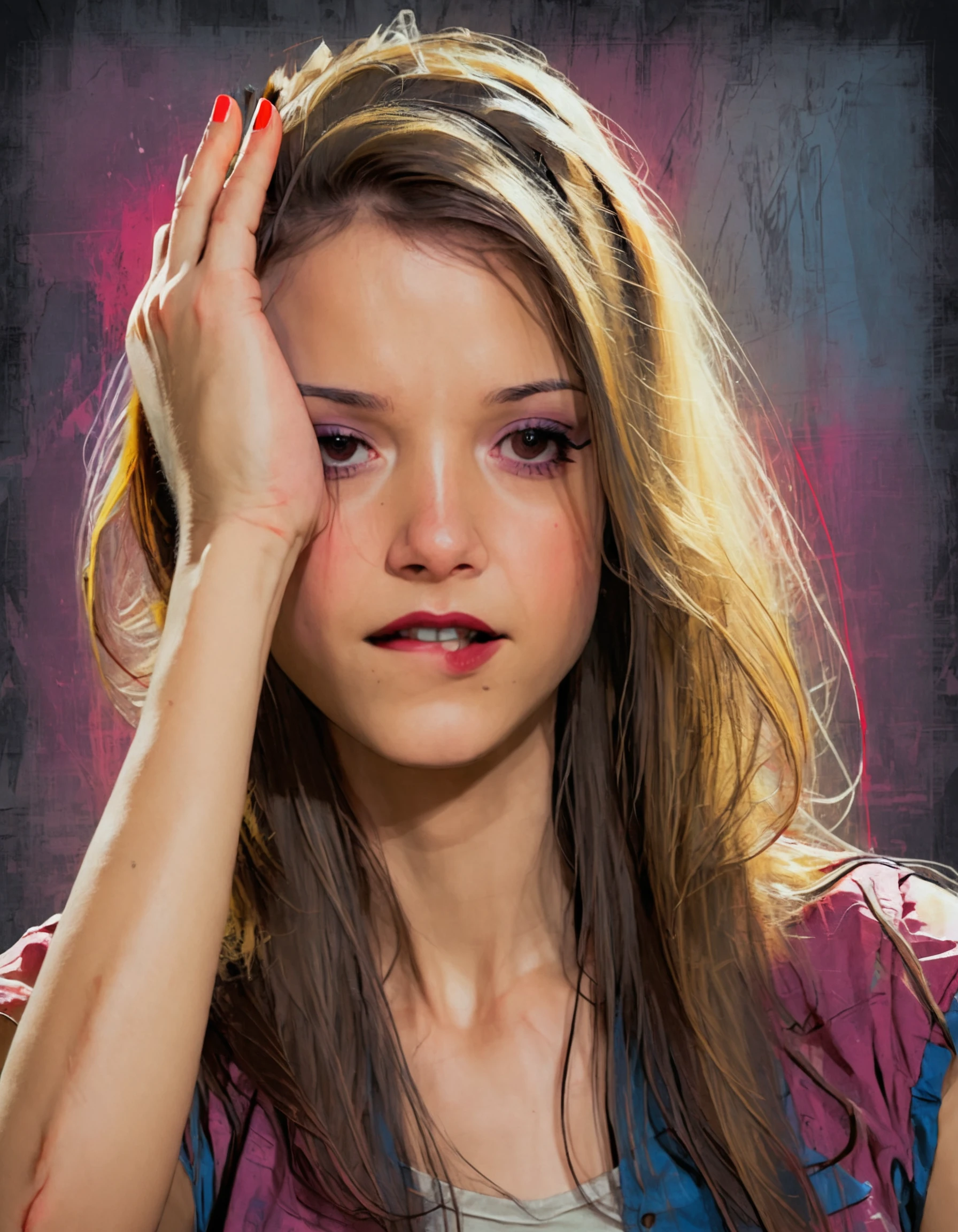 (character concept art:1.5), a beautiful woman,biting own lip, aroused, long hair, portrait, (smile:0.4), seductive gaze, comic book art, rough colored sketch, half-closed eyes, (hand in own hair, arms up, adjusting hair, arm behind head:1.4), dark background,