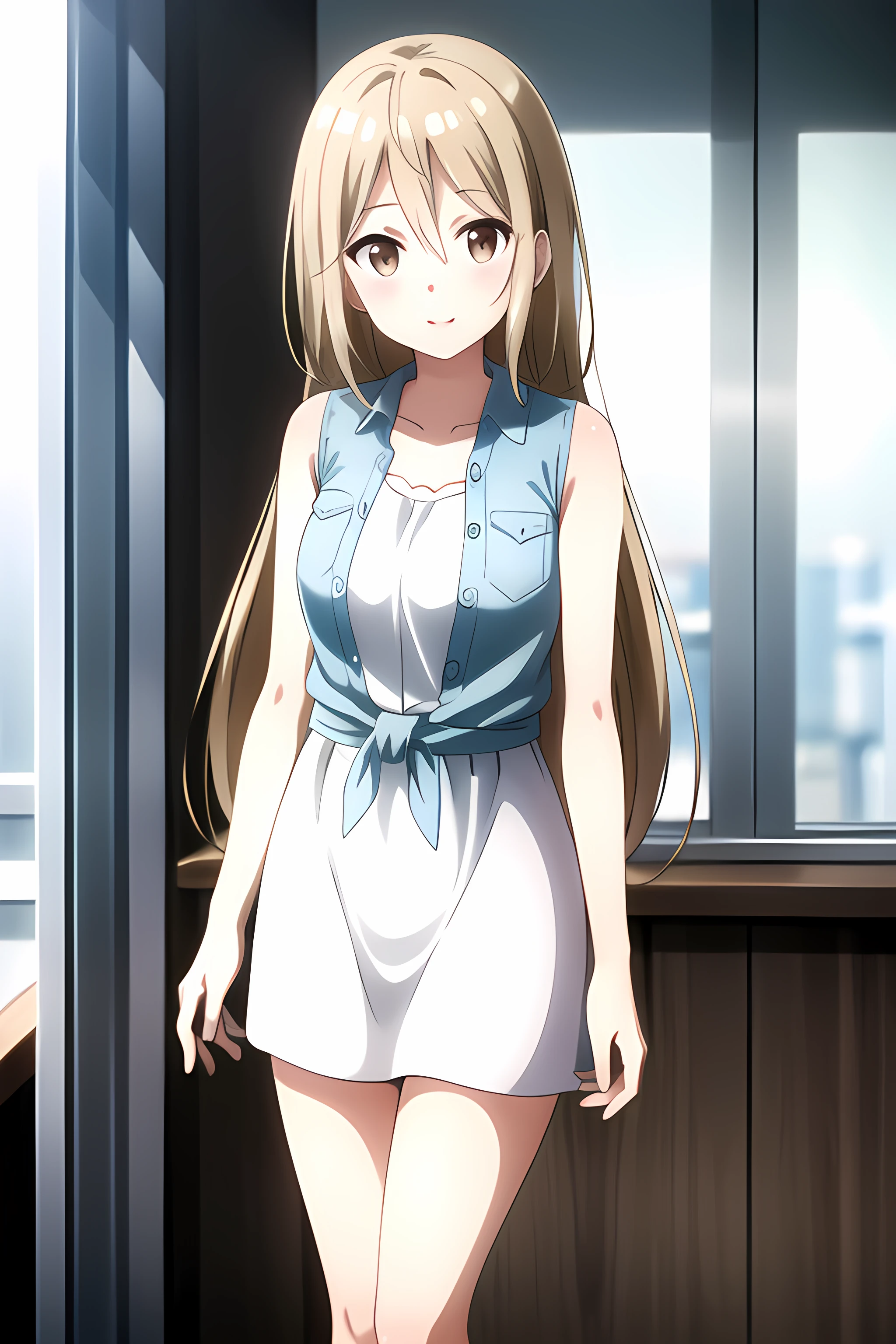 ((masterpiece, best quality)), 1girl,outdoors,solo,standing,bangs,close mouth,akira kotokawa \(casual\) \(one room\),brown_eyes, collarbone, collared_shirt,hair_between_eyes,blue jacket, sleeveless, sleeveless_shirt,dress,long hair,white skirt,,,,,extremely detailed CG unity 8k wallpaper, perfect lighting,Colorful, Bright_Front_face_Lighting,White skin, (masterpiece:1.0),(best_quality:1.0), ultra high res,4K,ultra-detailed, photography, 8K, HDR, highres, absurdres:1.2, Kodak portra 400, film grain, blurry background, bokeh:1.2, lens flare, vibrant_color,professional photograph,bow breasts, (beautiful_face:1),(detailed eyes),(narrow_waist),(Beautiful medium breasts),Beautiful Finger,Beautiful long legs,Beautiful body,Beautiful Nose,Beautiful character design, perfect face,perfect balance,(2d)