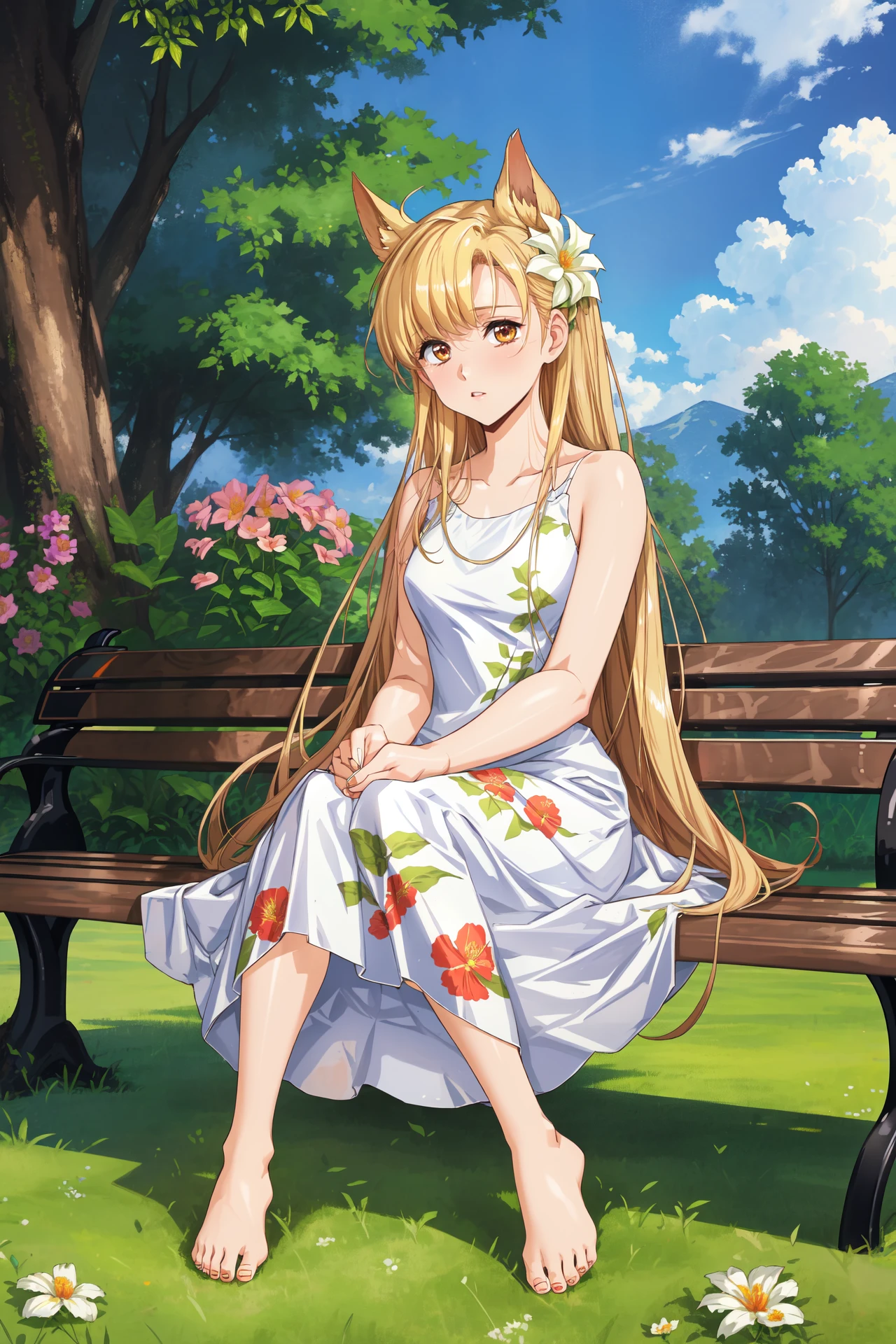 (masterpiece, best quality, highres, absurdres),<lora:GoodHands-vanilla:1.5>, 1girl, solo, long hair, blonde hair, dress, very long hair, robot ears, sitting, barefoot, flower, bench, grass, brown eyes, green theme, tree, floral print, outdoors, white dress, holding, <lora:UrushiharaSatoshi:0.7> ,  urushiharas,