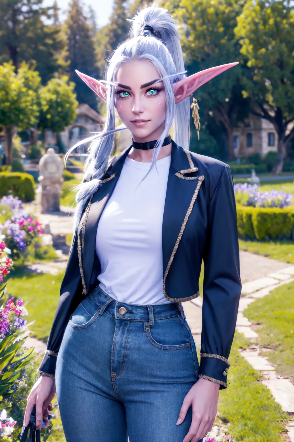beautiful eyes, beautiful girl, high detail skin, high detail eyes, high detail hair, highres, ultra detailed, sharpen picture, Highly detailed, masterpiece, best quality, photorealistic,
 <lora:MaievShadowsongLoRA:0.8>1girl, ponytail, green eyes, glowing eyes, pointy ears, elf, long hair, facial mark, pants, jacket, in a old village, flowers, sunny, smile