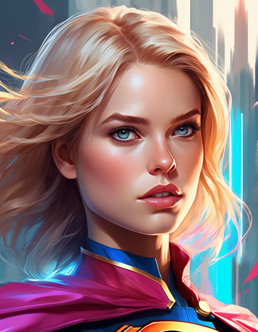 <lora:Alice Eve:1.0>, waist up of alcvcrlmrcs woman, as Super Girl, sci-fi, highly detailed, digital painting, artstation, concept art, sharp focus, illustration, art by Tony Sart and artgerm and randy vargas