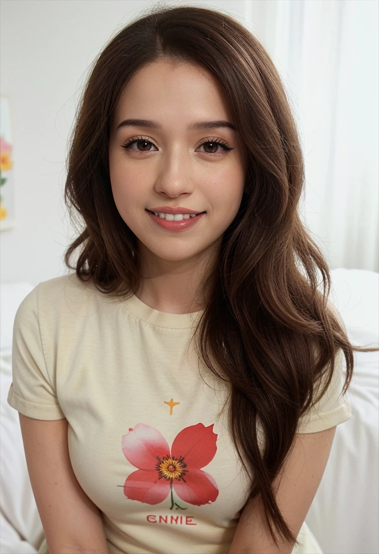 1girl, (pokimanelol:1.2), flower tshirt, flower print shirt, long sleeves, (close up:1.2), ((headshot)), ((grin)),