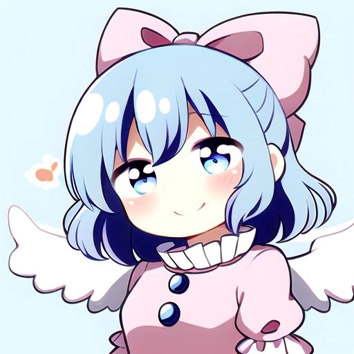 Best quality, most quality, solo, masterpiece, full body, smile, blush, Mai, Light-blue eyes, Light-blue hair, light pink bow, light pink dress, wings, angel wings, small light pink wings,