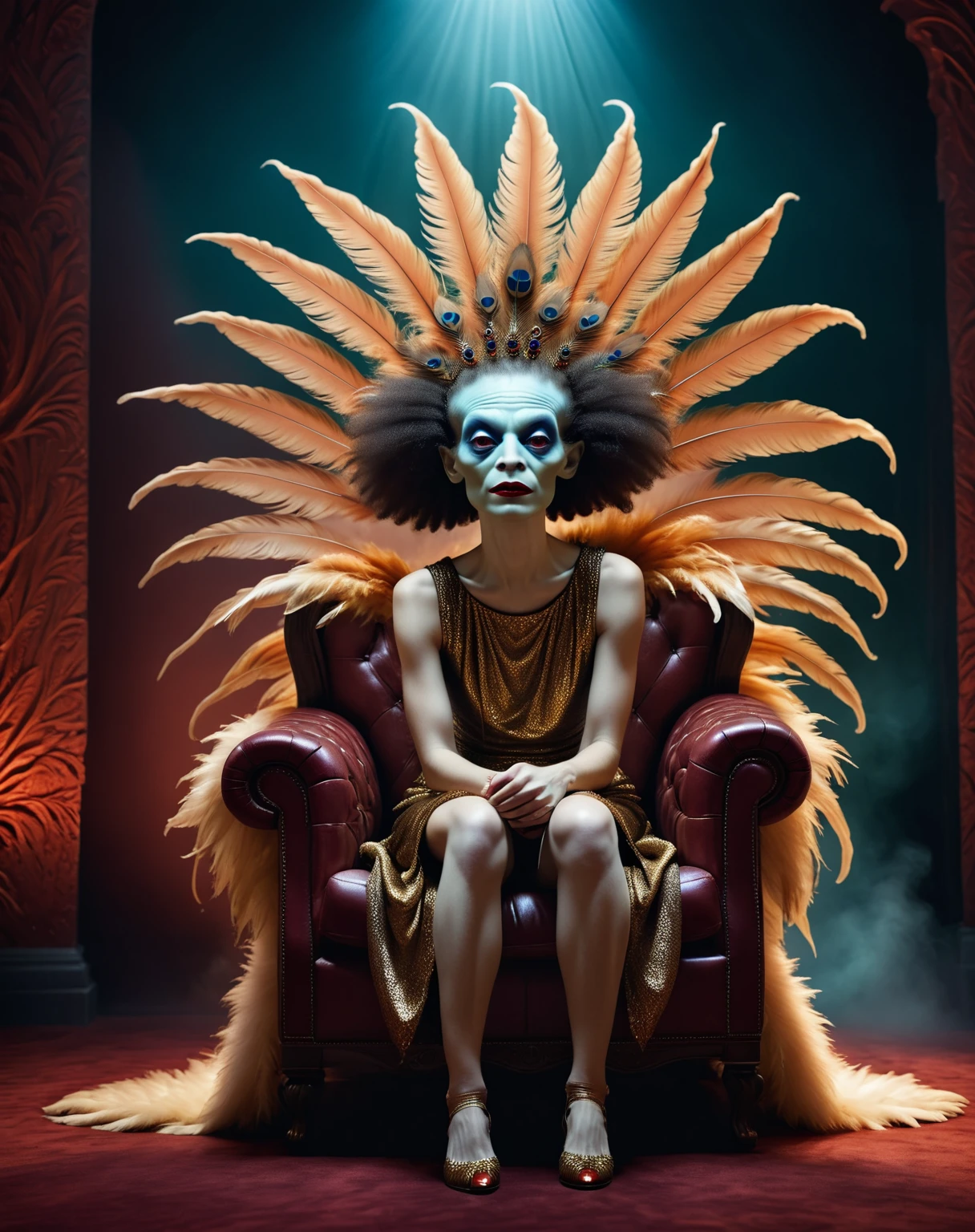 (((chiaroscuro, feature.alien, scifi.style dark dim scene of ((dreaming monster full-body portrait, realistic, fashion, crazy glamour scene, potpourri, straight-on, horror (theme), (red theme:0.47), abstract background, surreal, abstract, midriff, makeup :d, leaf, feathers, red lips , scenery, , no humans, afro, throne, absurdres, detailed, macro details, 8k, hyper realistic, texture surface details))) !, color photo, atmospheric, light and shadow, crepuscular, slight athmospheric mist of a band some of animals, depth at play where all inside of a <lora:Potpourri-v1e9:1>))) !