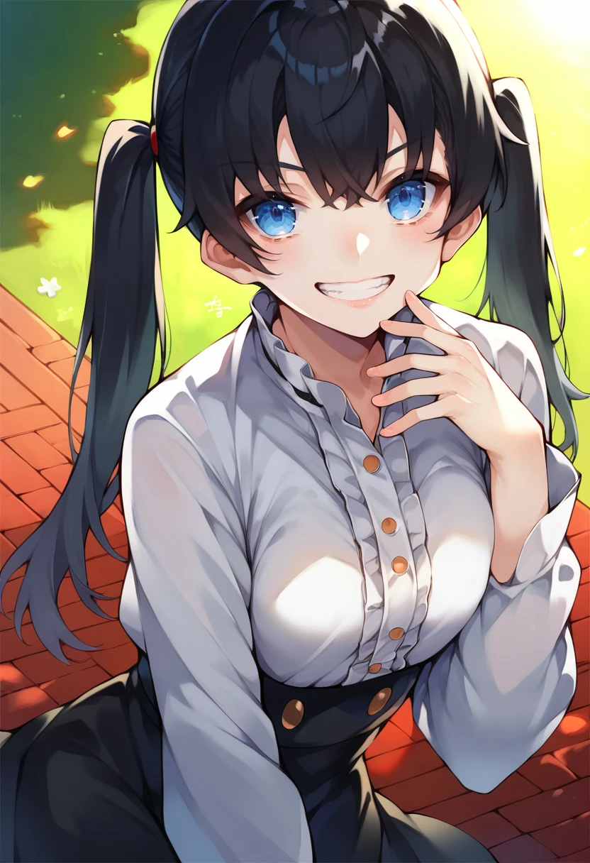 score_9, score_8_up, score_7_up, source_anime, 1girl,blue eyes,twintails, black hair, white blouse, black skirt, grin,looking at viewer, from front, by koumashiro <lora:Koumashiro-Style-PonyXL-000030:1>