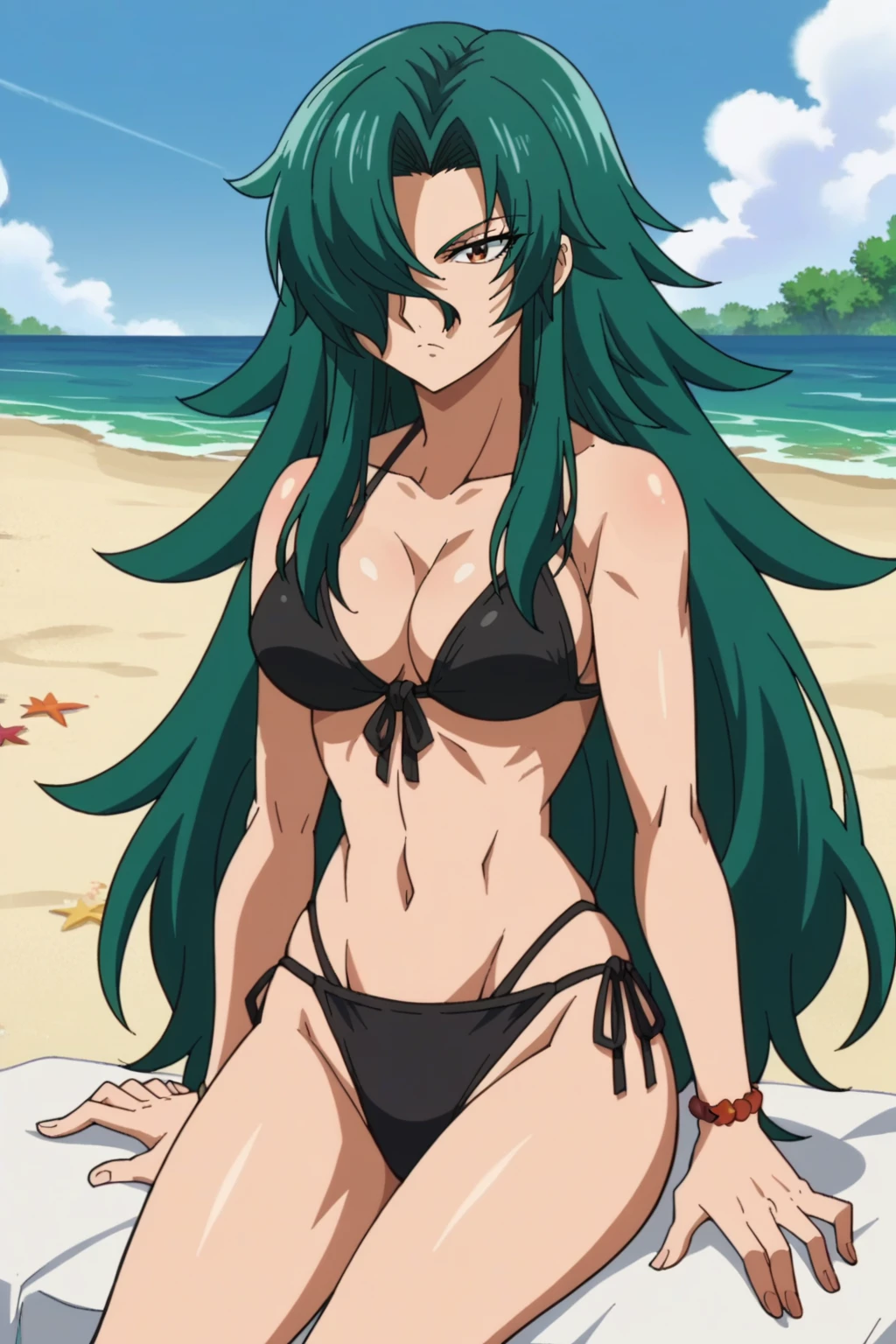 masterpiece, best quality, 1 solo girl, green hair, red eyes, long hair, medium breasts, sexy body and face, wavy hair, smile, white bikini, pendant, bracelet, jewelry, earrings, feather hair ornament, ball, lying at the sand, summer, sexy pose, cowboy shots, detailed body, face, and eyes, sharp focus, vibrant, creative, dynamic, high definition, high resolution, 8k, (Upscale: R-ESRGAN 4x+ Anime6mage enchance:4x), voluptuous body, cinema lightning, dakimakura style, looking at the viewer, hairband