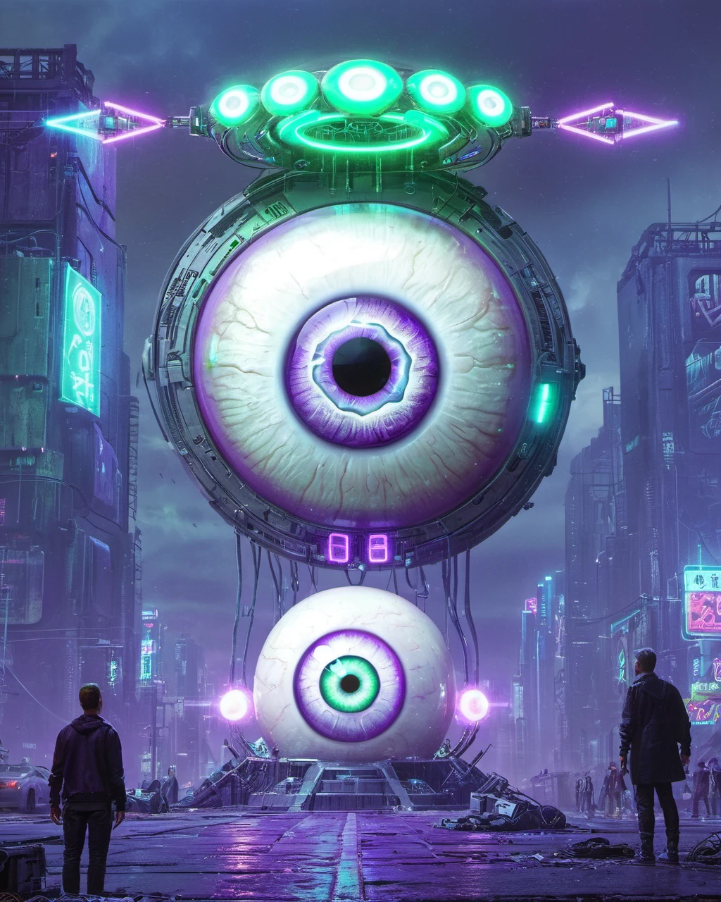 Beeple style, digital art, giant cybernetic eyeball floating above a cyberpunk city street, symmetrical, purple and green neon signs, dark stormy sky, meticulous detail