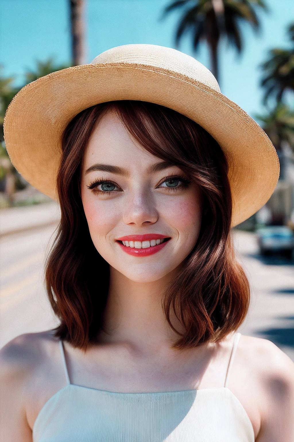 EmmaS_SoloTI_v1, (smile:1.3), a beautiful woman, perfect hair, (modern photo,Flowy sundress, straw hat:1.1), closeup portrait, 85mm, (analog, cinematic, film grain, hazy atmosphere:1.3), ((Palm tree-lined boulevard backdrop, vibrant and sunny, summer afternoon:1.2)), detailed eyes, (painted lips), (seductive), (cinematic shot:1.3), <lora:add_detail:0.6>, <lora:LowRa:0.5>