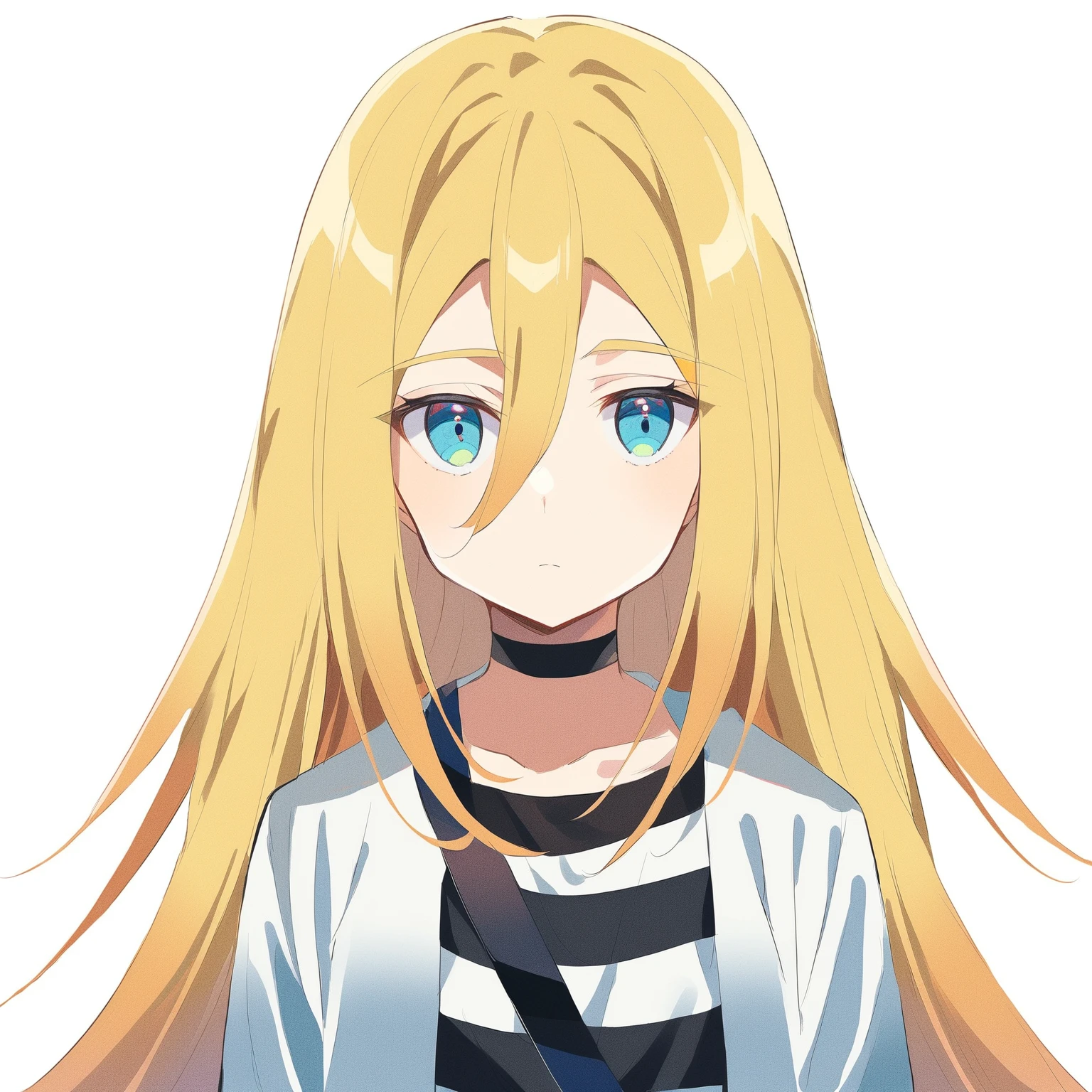 1girl, rachel gardner, satsuriku no tenshi, solo, long hair, blonde hair, blue eyes, striped shirt, shirt, white background, hair between eyes, striped, choker, looking at viewer, jacket, upper body, white jacket, simple background, collarbone, open jacket, open clothes, closed mouth, bangs, very long hair,<lora:rachelgardner-000013:0.9>