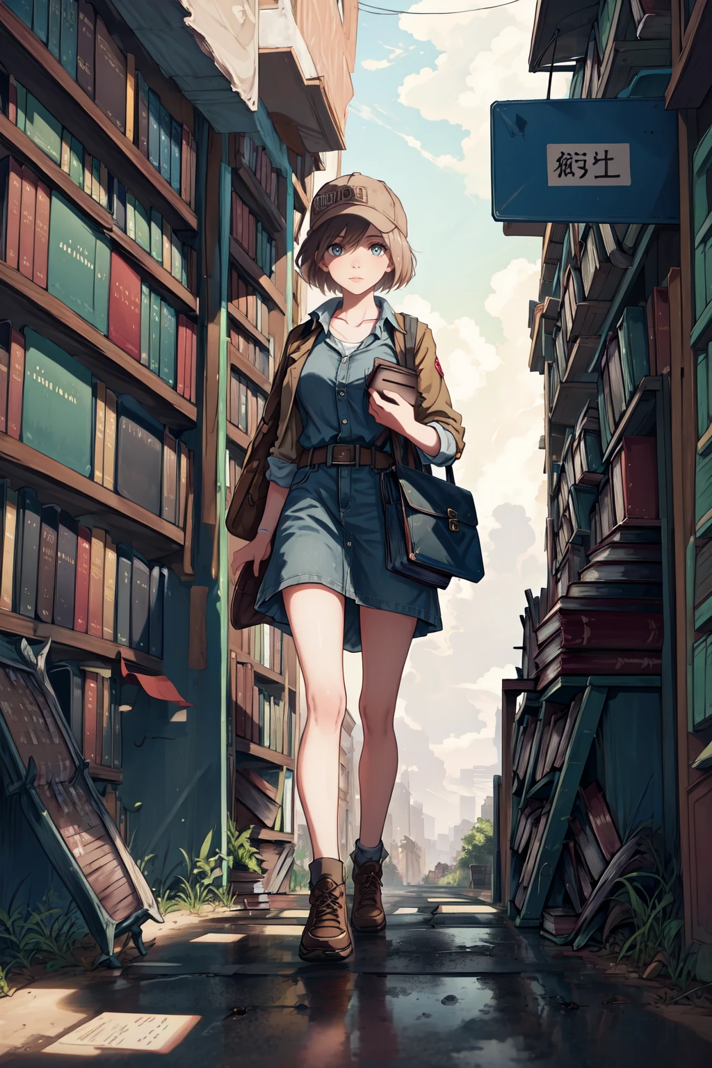 1girl walking in a dirty road <lora:BooksWorld:1>(BooksWorld:1.3) looking at viewer,