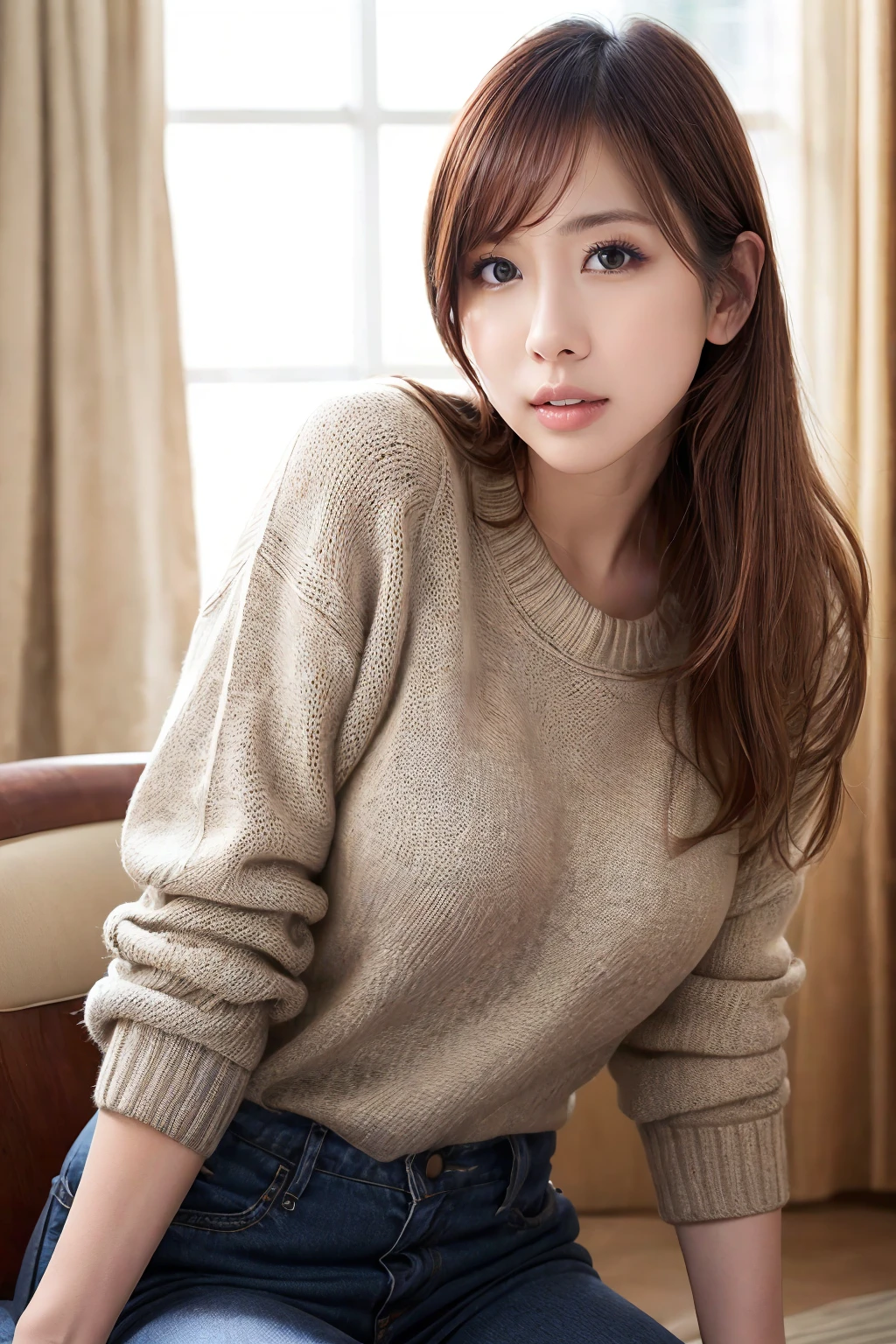 1girl, erikakitagawa_jav, breasts, brown hair, long hair, brown eyes, <lora:JAV_erika_kitagawa_v1-000005:0.8>
dynamite lighting, attractive body, looking at viewer, from front, sitting, wearing sweater, pants,
detailed face, detailed body, perfect human body,
(ultimate quality, masterpiece, highres:1.0), (photorealistic, realistic:1.9),