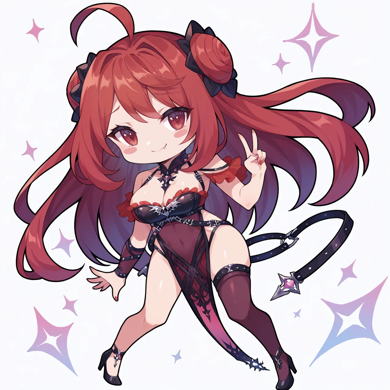 1girl with long brown hair, pink eyes, pink lips, big breasts, curls, horny smile,black lace lingerie, ((chibi style)), simple background