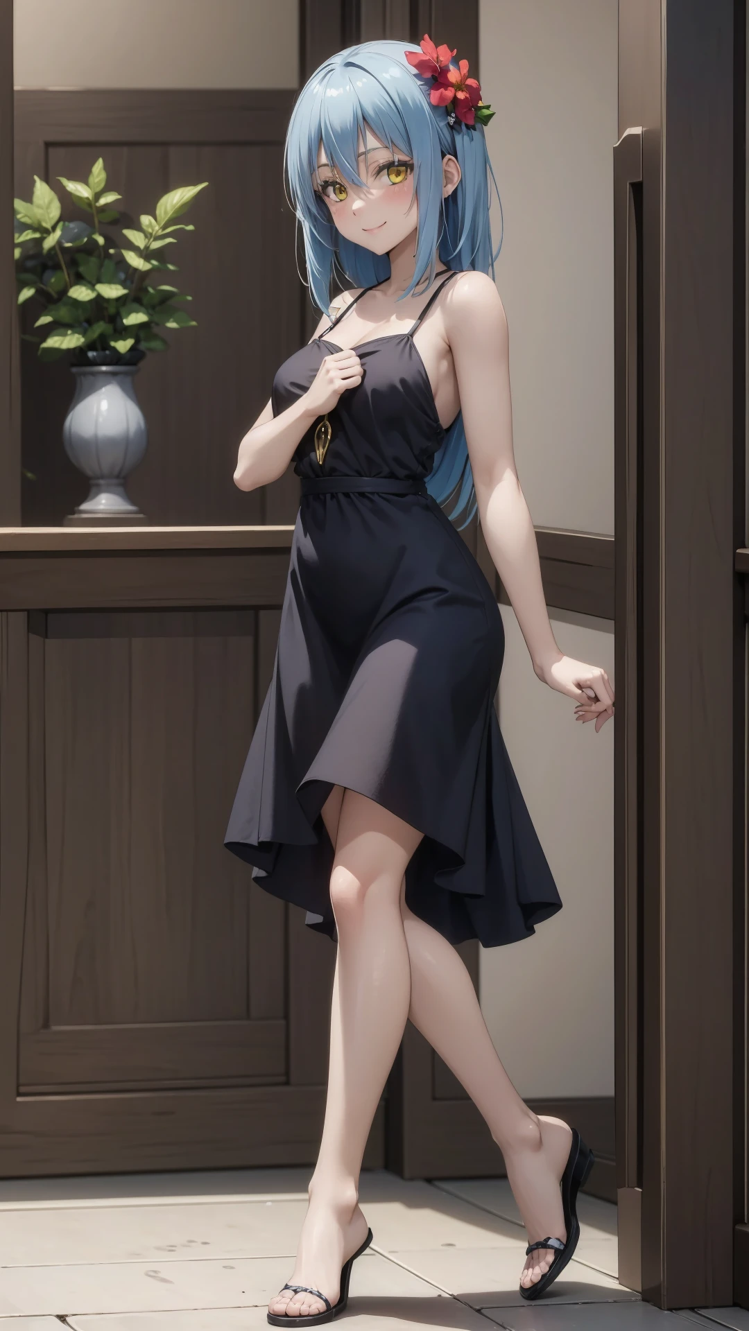 (masterpiece, best quality),ray tracing,absurdres, HDR,1girl,jewelry,, bangs,rimuru tempest,light blue hair, yellow eyes,breasts,, smile,,blush,, dress, hair between eyes, hair flower, hair ornament,  looking at viewer, , red flower, solo, ,standing,sundress,,, indoors,full body, <lora:RimuruTempestV2:0.8> <lora:sandals:0.7>