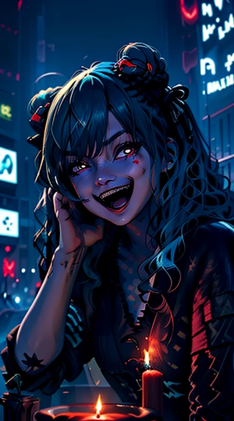 (Two Braided twintails, black hair, pink eyes:1.3), masterpiece,1girl, solo, (masterpiece, best quality, colorful), volumetric light, backlighting, best shadows, (1girl:1.1), from below, leaning forward, looking at the viewer, BREAK, (thick eyebrows:1.1), (eyeliner:1.3), (crazy eyes:1.3), maniac, chaotic, open mouth, tongue, wide grin, (crazy grin:1.3), (sharp teeth:1.2), (yandere:1.3), BREAK, (black goth bikini), cleavage, gothic, choker, earrings, BREAK, (madness, insane:1.2), loosing mind, night, fading lights, mist, city, darkness,