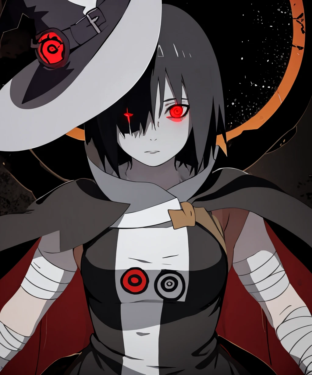 uchiha,MaristheDarkWitch,witch hat,1girl,short hair,hair over one eye,black dress,black hair,medium breasts,headband,glowing,glowing eyes,glowing eye,symbol-shaped pupils,high collar,bandages,pale skin,black gloves,expressionless,solo,cowboy shot,<lora:uchiha_style-10:1.3>,<lora:MaristheDarkWitch:1>,