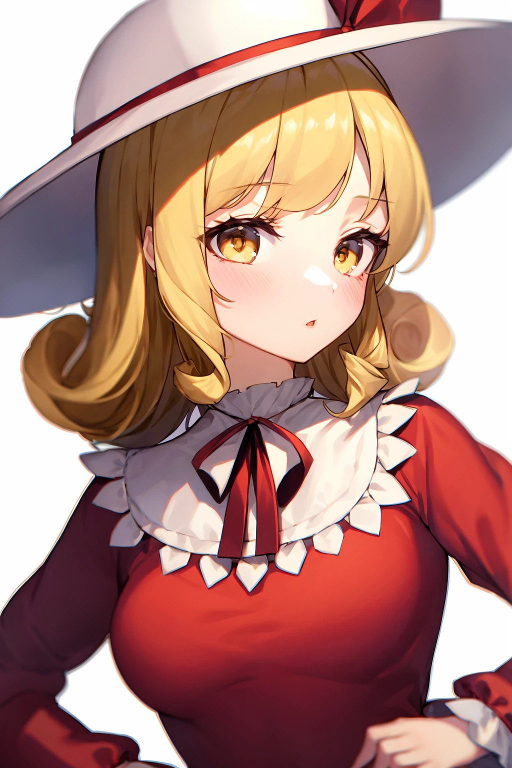 masterpiece, best quality, <lora:elly:1>,
1girl, blonde hair, hat, solo, ribbon, dress, white background, simple background, red ribbon, yellow eyes, hand on hip, breasts, medium breasts, curly hair, white headwear, red dress, looking at viewer, closed mouth, sun hat, hat ribbon, upper body, bangs, neck ribbon, short hair, medium hair, hat bow, sleeveless, frills