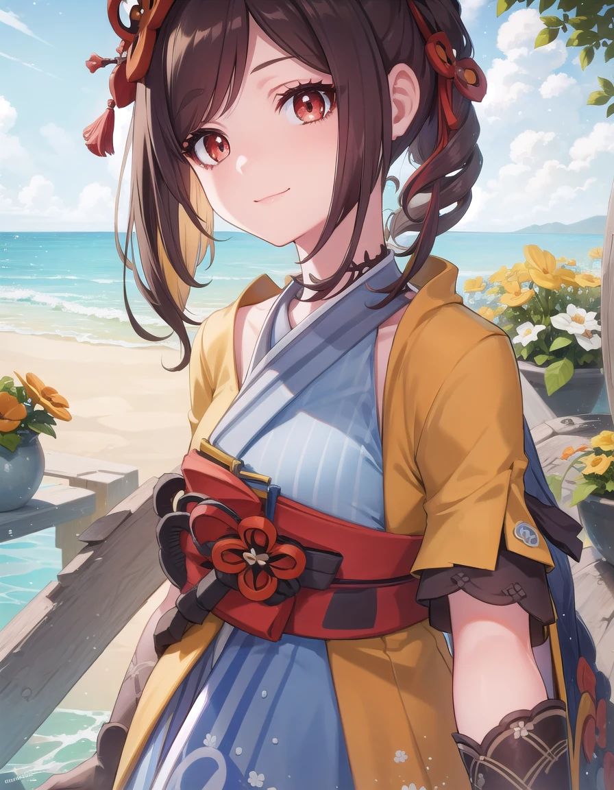 genshinchiori, <lora:genshin chiori ingamebooru-lora-nochekaiser:1>,
chiori, brown hair, hair ornament, (red eyes:1.3), flower, hair flower, smile,
BREAK gloves, japanese clothes, sash, obi,
BREAK outdoors,
BREAK looking at viewer, (cowboy shot:1.5),
BREAK <lyco:GoodHands-beta2:1>, (masterpiece:1.2), best quality, high resolution, unity 8k wallpaper, (illustration:0.8), (beautiful detailed eyes:1.6), extremely detailed face, perfect lighting, extremely detailed CG, (perfect hands, perfect anatomy),