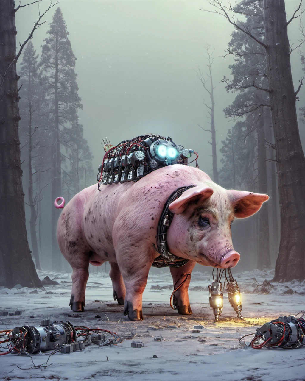 Beeple style, digital art, robotic cybernetic pig, wires and mechanical components, glowing LED eyes, dead winter forest, grey hazy sky, dusty air, meticulous detail