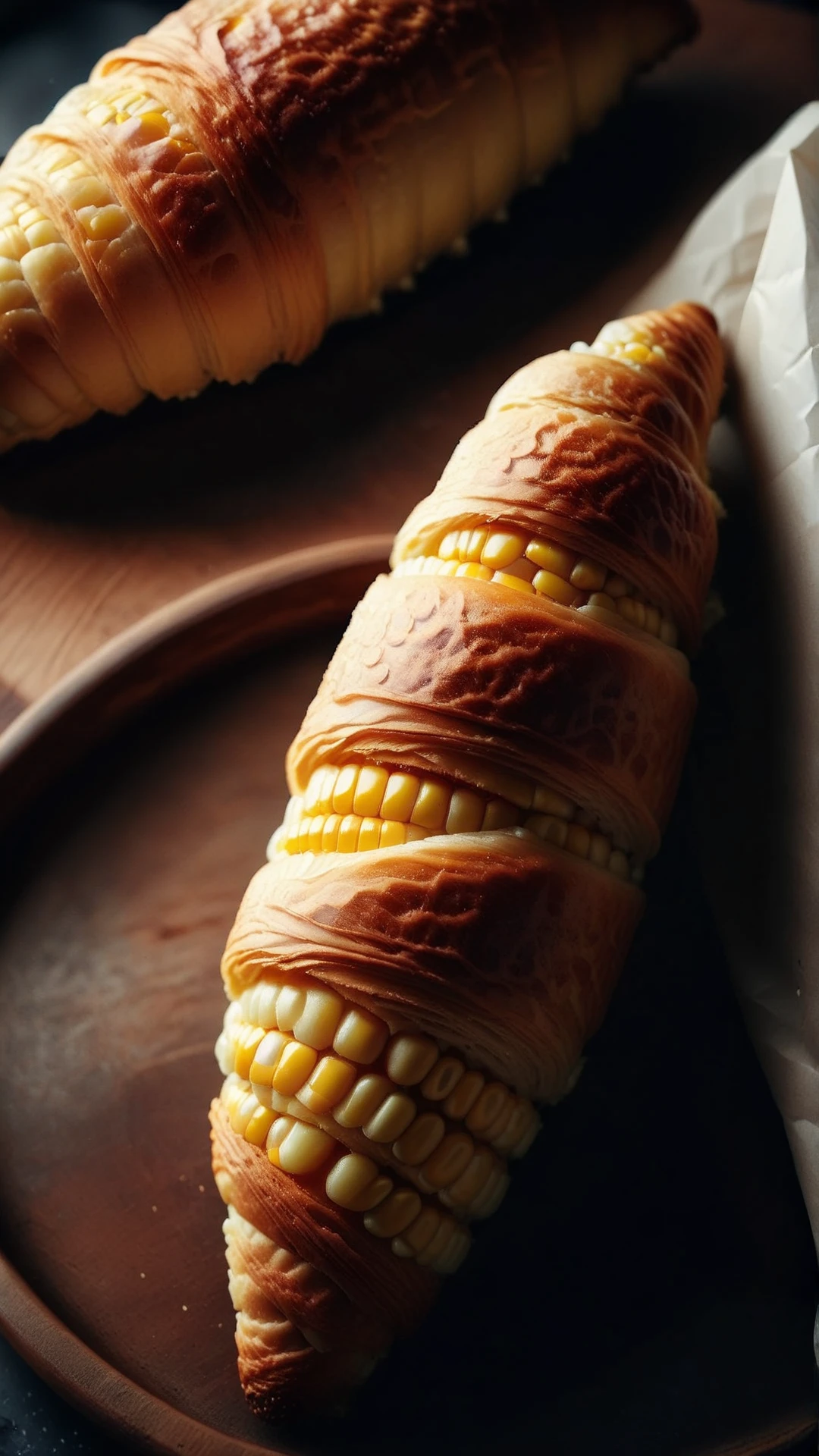 no humans, shadow, still life, indoors, solo, what, photo background, food focus, food, realistic, objectification, wall, <lora:vertical_vegetables_v2:0.5>, corndog