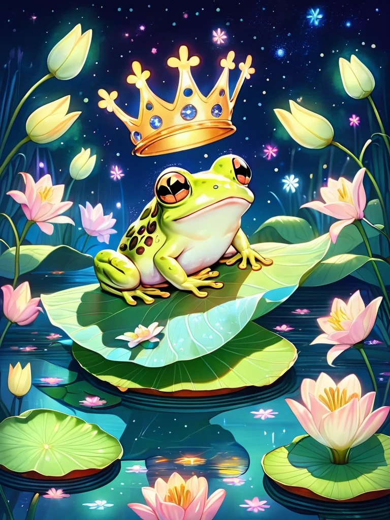 An endearing drawing of a tiny frog on a lily pad, wearing a crown of flowers, as it serenades a moonlit pond with a soft, melodic croak, surrounded by twinkling fireflies.