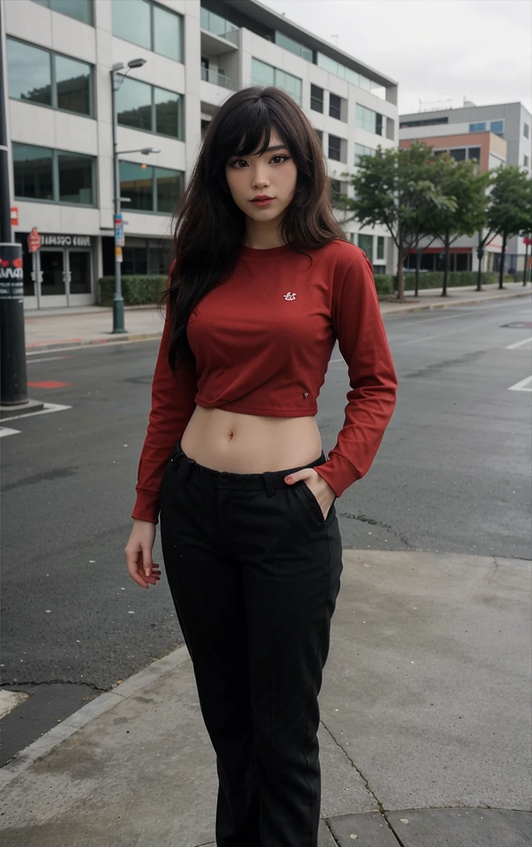 1girl, emirulol, lady in red, ((red shirt)), ((black pants)), long sleeves, outdoors, street, road, city,