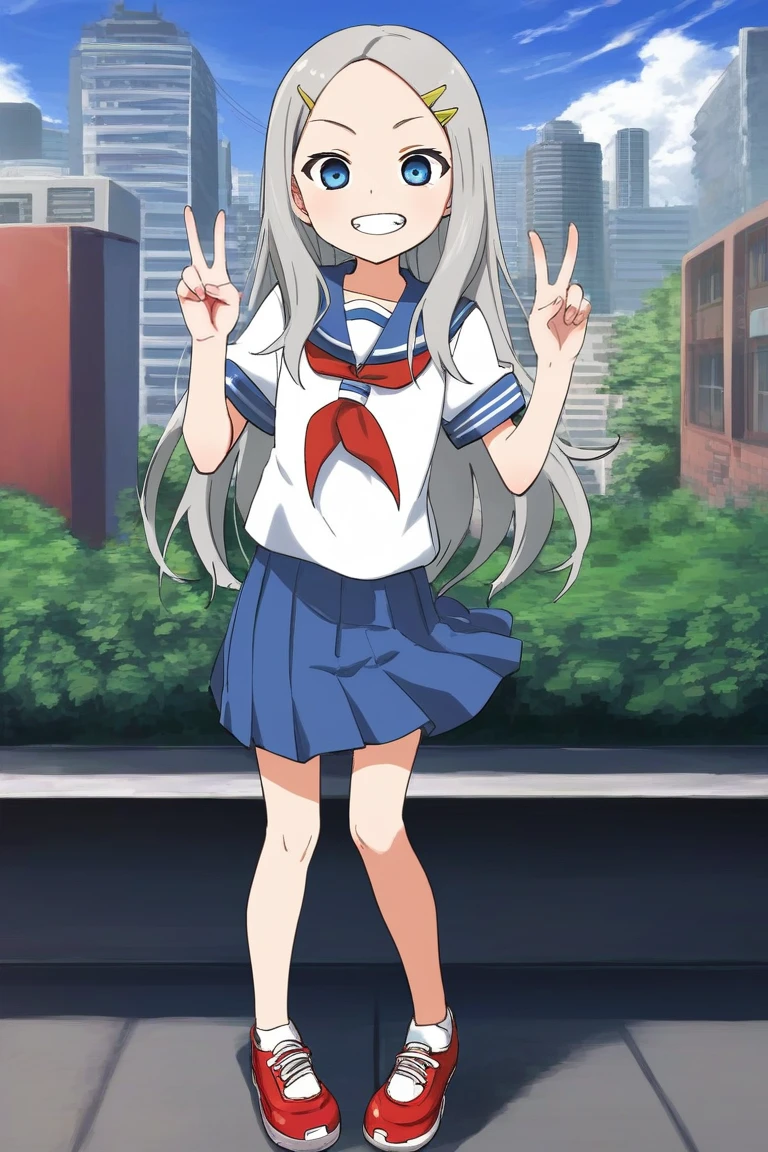 score_9, score_8_up, score_7_up, source_anime, rating_safe BREAK
1girl, grin, blue eyes, grey hair, hair ornament, long hair, hairclip, forehead, flat chest, serafuku, short sleeves, blue skirt, red sneakers, double v, contrapposto, full body, wide shot, detailed background, tokyo, city, bustling street