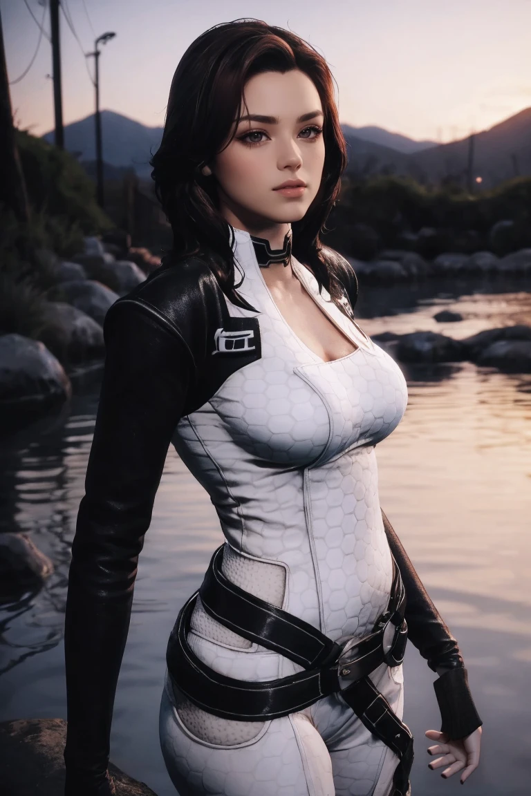 masterpiece, best quality, high quality, highres, wading,looking at viewer,solo,water, sunset, onsen, wisteria,moody lighting, BREAK, 
GAME_MassEffect_Miranda_ownwaifu, www.ownwaifu.com, 
1girl, black hair, breasts, long hair, lips, black eyes, blue eyes, large breasts,  makeup, nose, brown hair, collar, lipstick,  black collar, 
bodysuit, choker, jacket, belt, fishnets, cleavage,gloves, fishnet legwear, fingerless gloves,fishnet bodysuit, spacesuit,white bodysuit, cropped jacket, holster, long sleeves, leather jacket, skin tight, 
<lora:GAME_MassEffect_Miranda_ownwaifu-15:0.8>