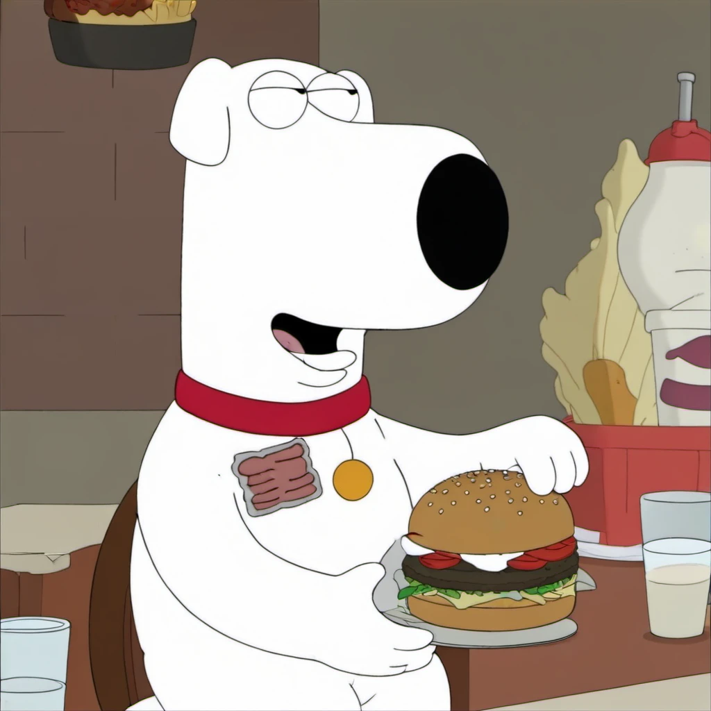 a brian griffin eating a burger <lora:Brian1024:0.9>