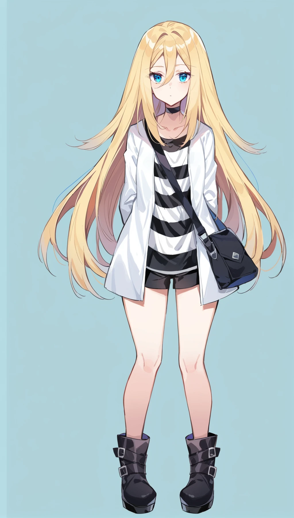 1girl, rachel gardner, satsuriku no tenshi, long hair, solo, striped shirt, blonde hair, blue eyes, striped, shirt, very long hair, hair between eyes, jacket, full body, white jacket, standing, choker, boots, open jacket, bag, black footwear, shoulder bag, open clothes, collarbone, long sleeves, arms behind back, black shorts, simple background, black choker, shorts, bangs, closed mouth, short shorts,<lora:rachelgardner-000013:0.9>