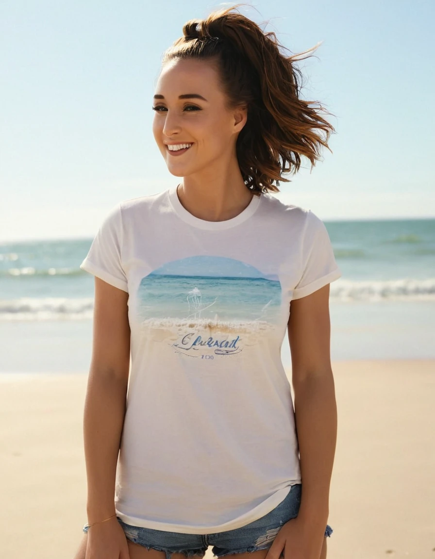 full body, stp00l3, smiling, hair combed back, wearing a tshirt, at the beach